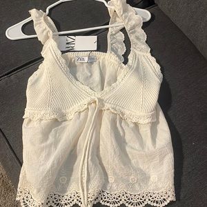 Zara knit top with lace detailing and open front and adjustable strings